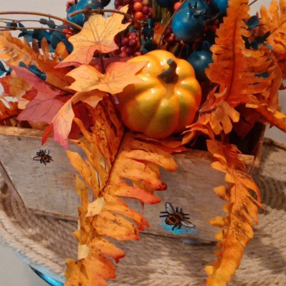 Vibrant Autumn Faux Floral Arrangement with Orange and Blue Accents